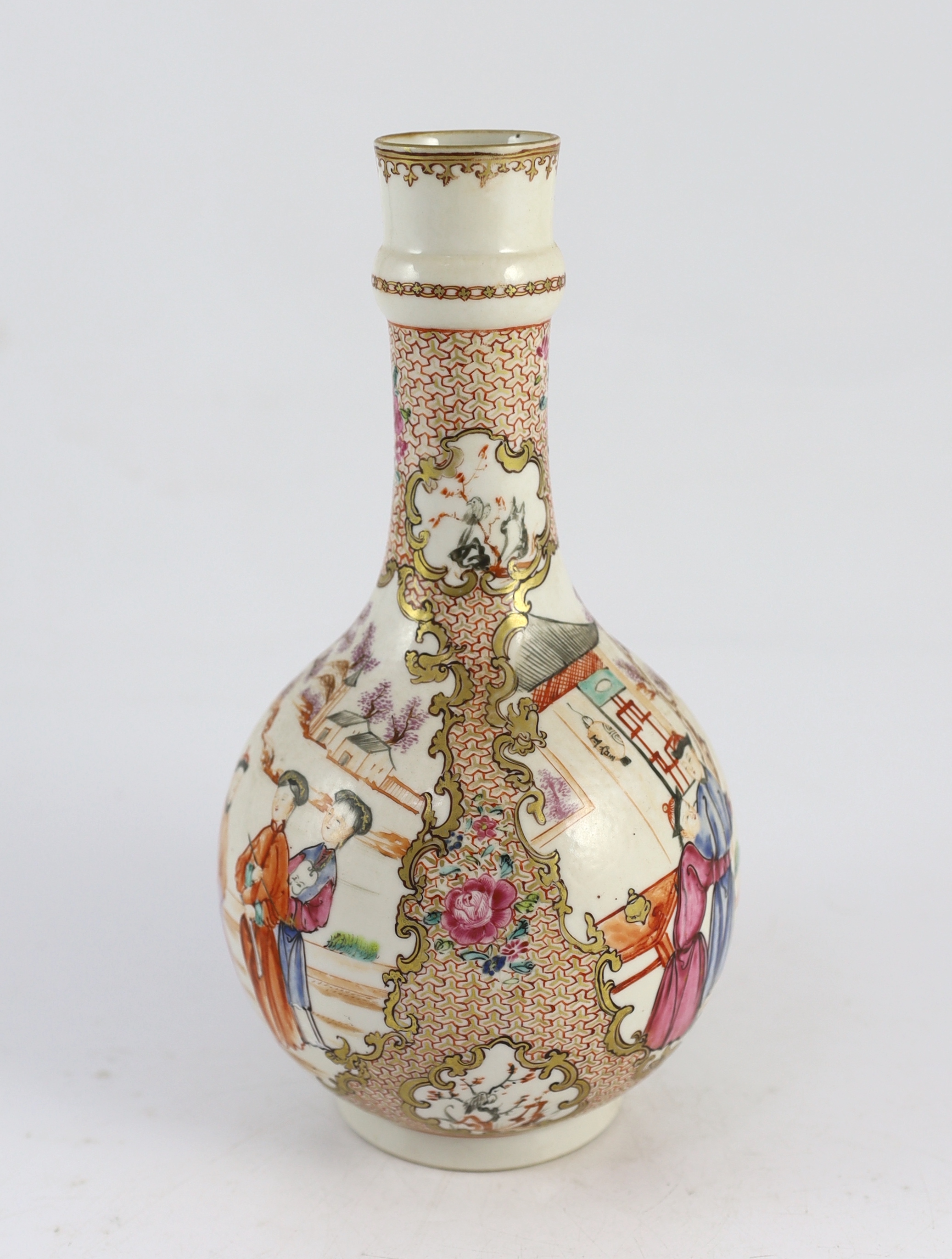 A Chinese enamelled porcelain Mandarin pattern water bottle (guglet) and basin, Qianlong period